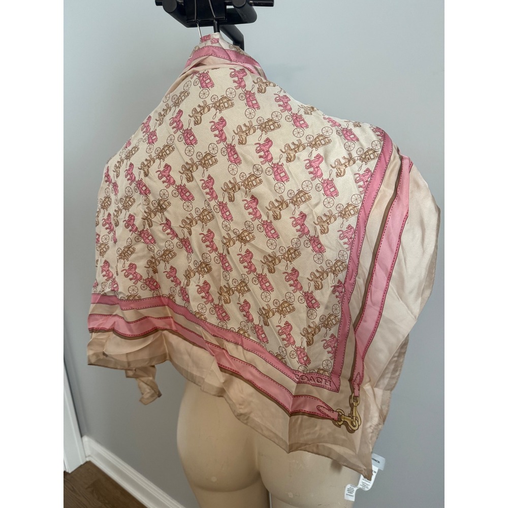 Coach Silk Square Scarf Horse and Carriage Print Pink Beige CEH34 100% Silk